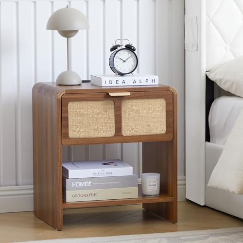 LEVNARY Compact Nightstand with Charging Station, Small Bedside Table with Curved Top Corners and 2 Drawers, Mid-Century Modern Wooden End Table for Farmhouse Bedroom Living Room (1, Walnut) - color: Walnut–linen Drawer Front, size: 1-Pack