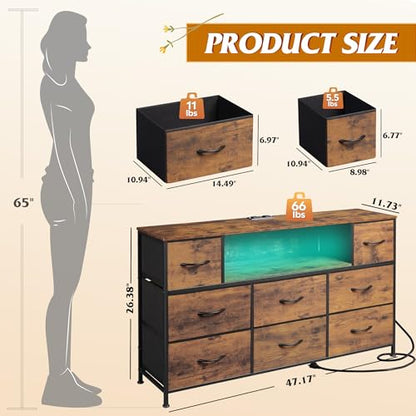 WLIVE Dresser TV Stand for 45, 50, 55 inch TV, Entertainment Center with LED Lights & Charging Station, Chest of Drawers with 8 Fabric Drawers and Open Shelves for Living Room, Hallway, Rustic Brown - color: Rustic Brown