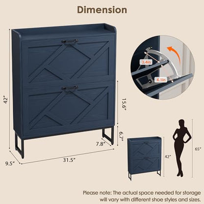 Nicetree Shoe Storage Cabinet, Shoe Cabinet with 2 Flip Drawers, Narrow Shoe Rack Cabinet, Farmhouse Slim Shoe Cabinet Storage for Entryway,Blue - color: Navy Blue