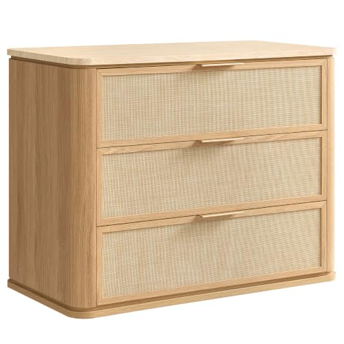 Night Stand, 30.71" W Rattan Nightstand with 3 Drawers, Faux Marble Top Bedside Table, Boho Mid Century End Table for Bedroom Living Room Sofa Office, Natural Oak [FSC Certified] - color: Natural Oak, size: 15.63"D x 30.71"W x 23.94"H（3 Drawer）