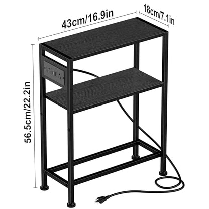 Small Narrow Side Table with Charging Station, Skinny End Table for Small Spaces, Slim Nightstand with Outlets, Sofa Bedside Table in Living Room, Bedroom, Study, Kitchen and Balcony(Black) - color: Black