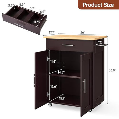 Mobile Kitchen Island on Wheels, Large Drawer, Dark Coffee | On Wheels, Large Drawer, Adjustable Shelf, Towel Rack, Rolling Island Table,for Kitchen & Dining Room - size: Small Kitchen Island, style: Modern Dark Coffee