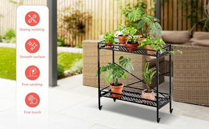 Zhongma 2 Tier Window Height Sturdy Metal Plant Stand with Wheels, 36.6x16x39.4 Inch High, Heavy Duty Succulent Shelf for Home Indoor and Outdoor, 440 LBS Capacity & Heavy Duty Construction - color: 2 Tier 36.6 x16x39.4 Inch High