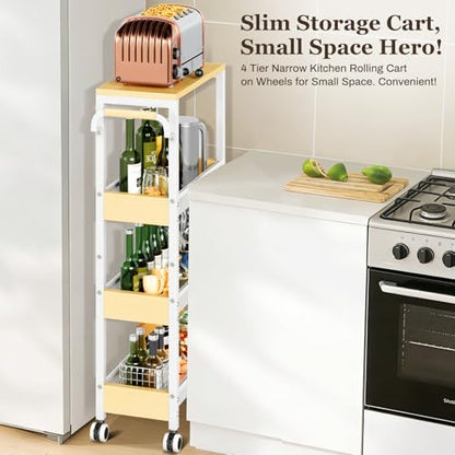 Utility Slim Storage Cart with Wheels, 4 Tier Slim Rolling Cart, Slim Rolling cart for Kitchen,Small Rolling Cart with Wood Top, Skinny Metal Organization Trolley Laundry with Handle for Small Space