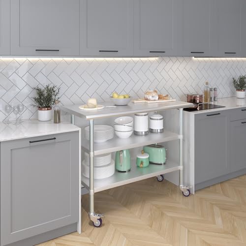 AmGood Stainless Steel Work Table with 2 Shelves and Casters | Metal Utility Table On Wheels (Stainless Steel Work Table with 2 Shelves + Casters, 48" Long x 24" Deep) - size: 48" Long x 24" Deep