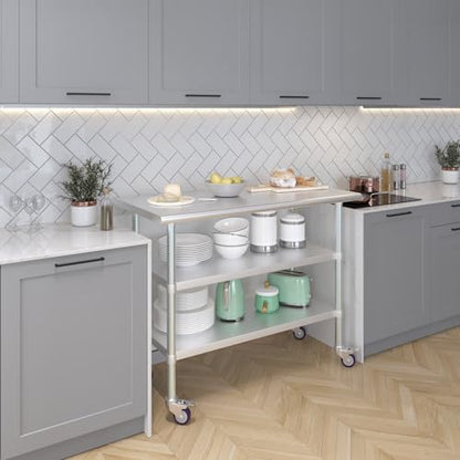 AmGood Stainless Steel Work Table with 2 Shelves and Casters | Metal Utility Table On Wheels (Stainless Steel Work Table with 2 Shelves + Casters, 48" Long x 24" Deep) - size: 48" Long x 24" Deep