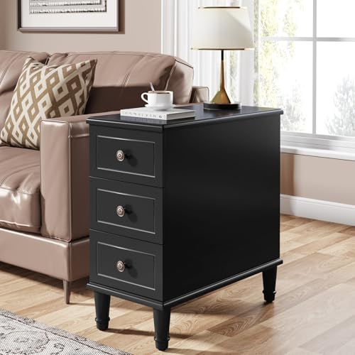 Tribesigns Solid Wood End Table, Fully Assembled Narrow Side Table with Drawers, Pre-Assembled Nightstand Slim Bedside Table for Small Spaces, Living Room, Bedroom, Black - color: Black