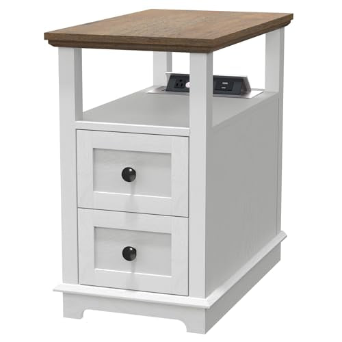 HIFYOBRO Narrow End Table with Flip Top Charging Station and 2 Drawers, Type-C & USB Port & Power outlets, Wooden Storage Cabinet, Side Table with Storage for Living Room and Bedroom (White) - color: White, size: 1 Piece