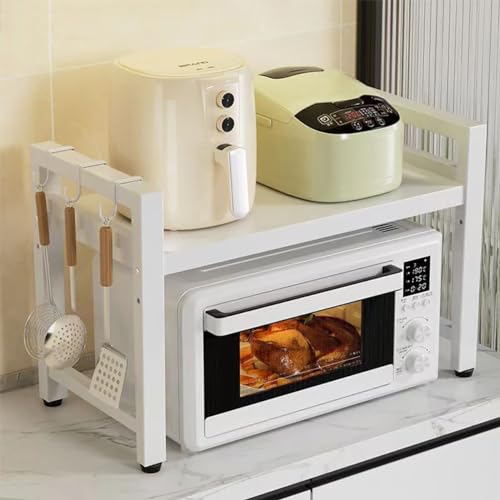 2-Tier Expandable Microwave Stand, Extendable Microwave Oven Rack with Storage Shelf Heavy Duty with 6 Hooks and Chopsticks Cutting Board Tools Holder for Kitchen(15.7~24.8" L) - color: White
