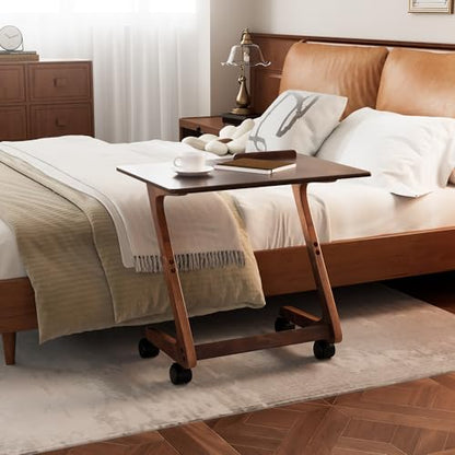 TV Tray Table with Casters, Solid Rubberwood End Tables, Sofa Side Table Couch Table Laptop Desk Removable Snack Tray for Coffee Bed Sofa Eating Writing Reading Living Room Bedroom, Dark Walnut - color: Dark Walnut