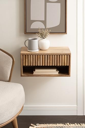 Kate and Laurel Reid Ribbed Wooden Tiered Floating Side Table, 18 x 10 x 9, Natural Wood, Modern Rectangular Mango Wood Floating Nightstand with Drawer for Bedroom Storage or Living Room End Table - color: Natural