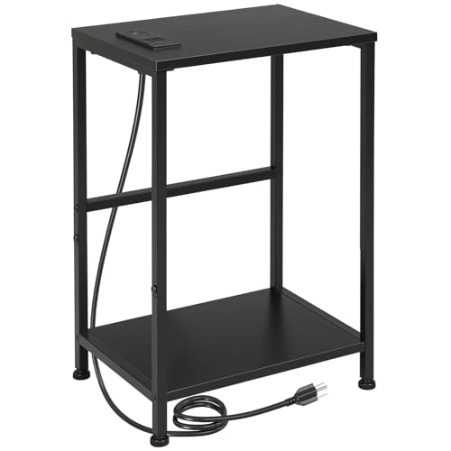 LOAKEKEL Side Table with Charging Station, Narrow End Table with 1 AC Outlet, 1 USB Port, 1 Type-C Port, Small Bedside Table with 2-Tier Storage Shelf for Living Room, Bedroom, Black, HET03SQPBK-1 - color: Black
