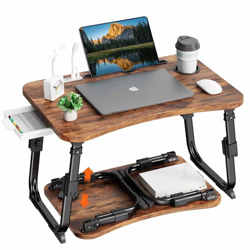 BYMECOST Laptop Desk for Bed, Height Adjustable Laptop Bed Table, Foldable Portable Lap Desk Stand with USB/Storage Drawer/Cup Holder/Slot, Breakfast Tray for Working Reading Writing Eating - color: Retro Brown