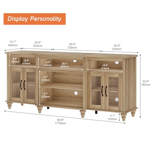 WAMAPT Buffet Cabinet with 4 Glass Doors, Large Coffee Bar Tables Wood Kitchen Storage Cabinets with 9 Storages, Modern Farmhouse Sideboard Credenza, Oak, 70 inch - color: Oak