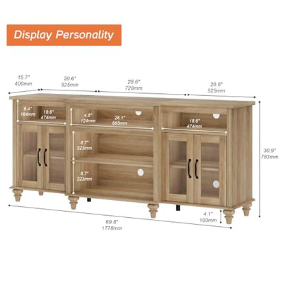WAMAPT Buffet Cabinet with 4 Glass Doors, Large Coffee Bar Tables Wood Kitchen Storage Cabinets with 9 Storages, Modern Farmhouse Sideboard Credenza, Oak, 70 inch - color: Oak