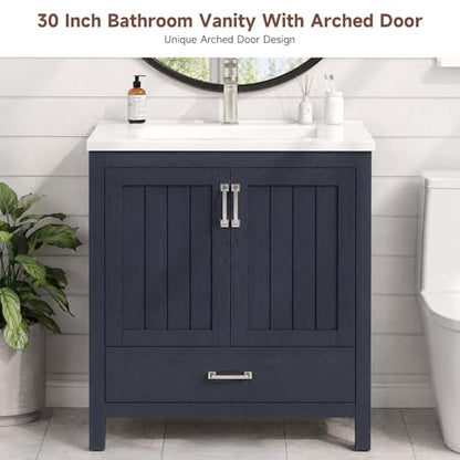 ONBRILL 30'' Bathroom Vanity with Single Sink Combo, Freestanding Bathroom Vanities with Resin Sink & Door Shelf, Farmhouse Storage Cabinet with 2 Soft Closing Door & Drawer (Blue) - color: Blue