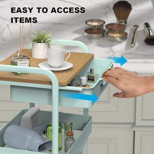 3 Tier Rolling Cart, Utility Cart with Drawer& Table Top, Mint Green | Metal Rolling Kitchen Storage Organizer Cart with Locking Wheels for Bathroom, Office, Balcony, Living Room, Classroom - color: Light Green