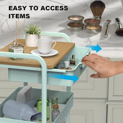 3 Tier Rolling Cart, Utility Cart with Drawer& Table Top, Mint Green | Metal Rolling Kitchen Storage Organizer Cart with Locking Wheels for Bathroom, Office, Balcony, Living Room, Classroom - color: Light Green