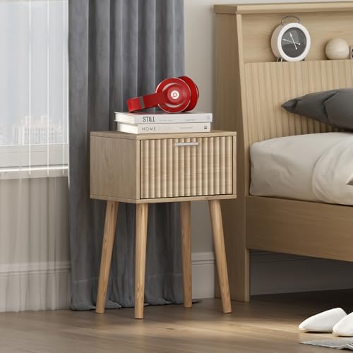LAATOOREE Nightstands Set of 2, Small Side Table, Bedside Table with Fluted Door, Solid Wood Feet; Modern Mid-Century End Table for Bedroom, Small Space (Natural) - color: Natural, style: Fluted Style