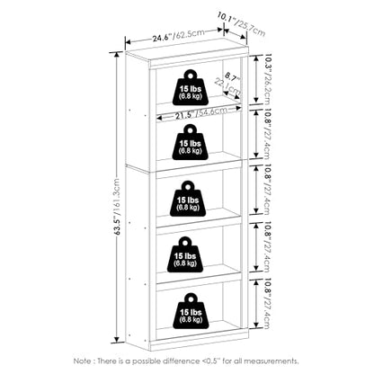 Furinno Rail 5-Tier Open Shelf Bookcase with Classic Style Edges, White - color: White, size: 5-Tier, 10 x 24.6 x 63.5