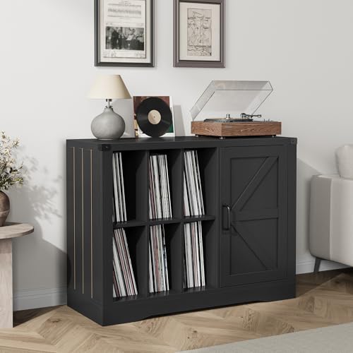 Vinyl Record Player Stand with Storage, 39.4" Farmhouse Turntable Stand Cabinet with Barn Door, Holds 750+ LP Albums, Wooden Stereo Cabinet & Media Console Display Shelf for Living Room, Black