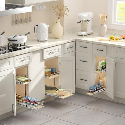 ROOMTEC 2 Tier Individual Pull Out Cabinet Organizer 7½"W x 21½"D, Slide Out Wood Shelves Organizers, Pull Out Drawers Organization and Storage for Kitchen Cabinet - size: 7½" W x 21½" D