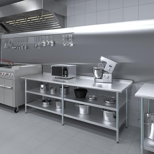 AmGood Stainless Steel Work Table with 1.5" Backsplash and 2 Shelves | Metal Kitchen Food Prep Table | NSF (96" Long x 30" Deep) - size: 96" Long x 30" Deep