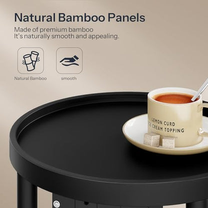 HOOBRO Set of 2 Small Round Side Tables with Charging Station, 2-Tier Round Bamboo End Tables, Easy Assembly, for Living Room, Bedroom, Apartment, Black BB156UBZP201 - color: Black