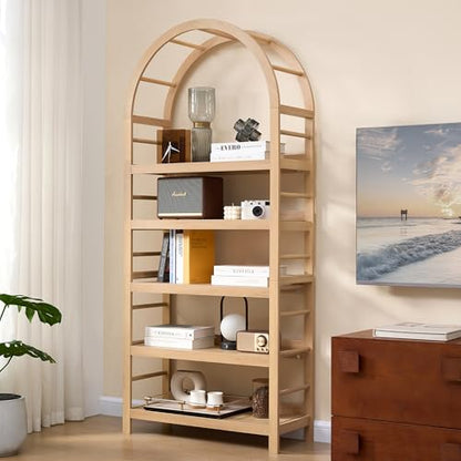 5-Tier Solid Wood Open Bookcase, Modern Arched Bookshelf, Home Office Shelf Storage Organizer, Storage Display Rack Shelf for Living Room (Natural)