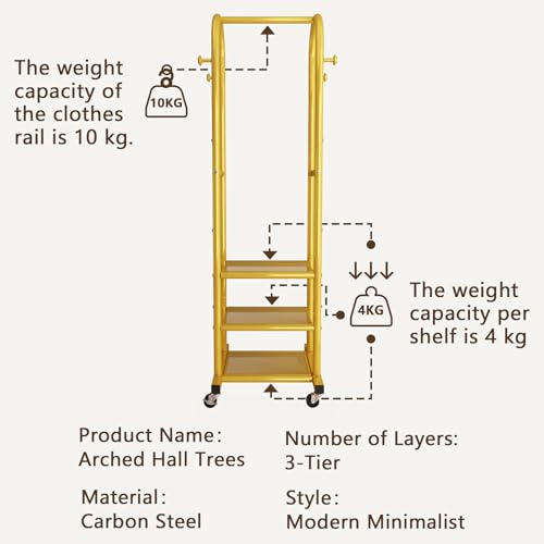 Dttwacoyh Clothing Rack with Wheels,Narrow Metal Garment Rack,Gold | Easy to install, 71.8 Inches Display Rack with 4 Side Hooks & 3 Shelves,for Small Flats, Bedroom, Entryway,Gold Clothes Rack - color: Gold