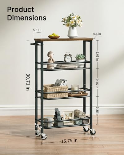 Pipishell Slim Storage Cart with Wheels - 4 Tier Rolling Kitchen Storage Cart with Handle and Wood Top, Metal Slim Bathroom Cart for Laundry Room, Bathroom, Kitchen, Narrow Space, Black & Rustic Brown - size: 5.3 in