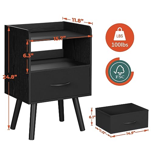 Yoobure Night Stand with Fabric Drawer, Modern Nightstand, Bedside Tables, Mid Century Nightstands with Open Storage Shelf, Wood Bedside Table, Small Night Stands for Bedrooms, 2-Tier Night Table - color: Black