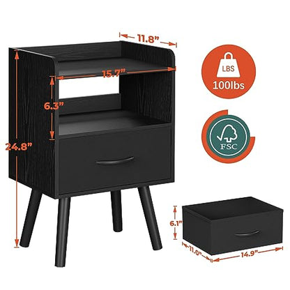 Yoobure Night Stand with Fabric Drawer, Modern Nightstand, Bedside Tables, Mid Century Nightstands with Open Storage Shelf, Wood Bedside Table, Small Night Stands for Bedrooms, 2-Tier Night Table - color: Black