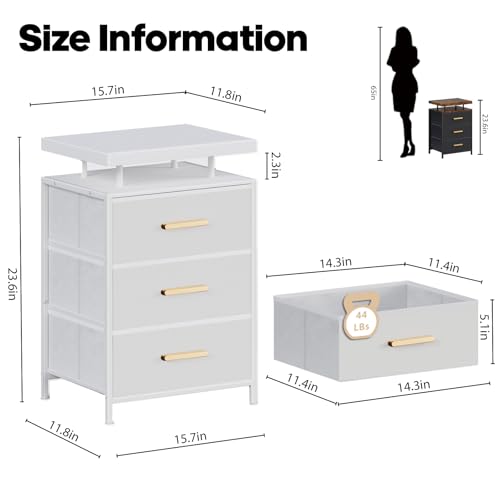 DreamDashio Nightstand Set of 2 with LED Lights, 3 Fabric Storage Drawers with PU Finish, Floating Top Design, Bedside Table with Open Shelf, End Table for Bedroom, Living Room, Office White - color: White（2 Pack)