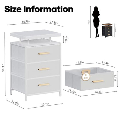 DreamDashio Nightstand Set of 2 with LED Lights, 3 Fabric Storage Drawers with PU Finish, Floating Top Design, Bedside Table with Open Shelf, End Table for Bedroom, Living Room, Office White - color: White（2 Pack)