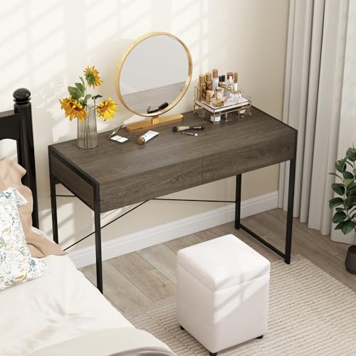 Giantex Computer Desk with 2 Drawers, 44 Inch Home Office Desk with Anti-Toppling Device & Metal Frame, Compact Laptop PC Table, Vanity Table, Modern Study Writing Desk for Small Spaces (Grey Oak) - color: Grey Oak
