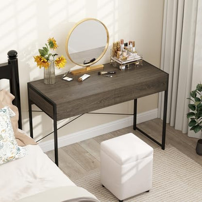 Giantex Computer Desk with 2 Drawers, 44 Inch Home Office Desk with Anti-Toppling Device & Metal Frame, Compact Laptop PC Table, Vanity Table, Modern Study Writing Desk for Small Spaces (Grey Oak) - color: Grey Oak