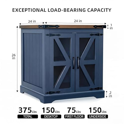 Farmhouse End Table, 24" Large End Tables with Storage, Rustic Square Sofa Beside Table with Glass Barn Door, Wood Side Table Square Nightstand for Living Room, Bedroom, Office (Misty Blue) - color: Misty Blue