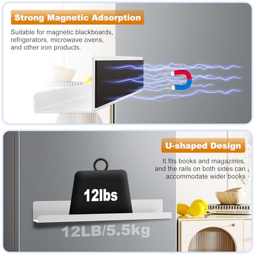 2 Pack Magnetic Book Shelf for Whiteboard, 17 Inch Heavy Duty Metal Magnetic Shelves, Holds 12 lbs, Magnetic Book Display for Classroom Furniture, Office - White - color: White