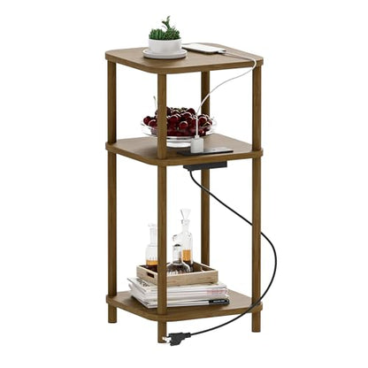 Bamboo End Table with Charging Station, Side Table for Small Space, Small Table Stand, Narrow Wooden Bedside Table Nightstand with Shelves, for Nursery, Living Room, Bedroom, Brown - color: Brown