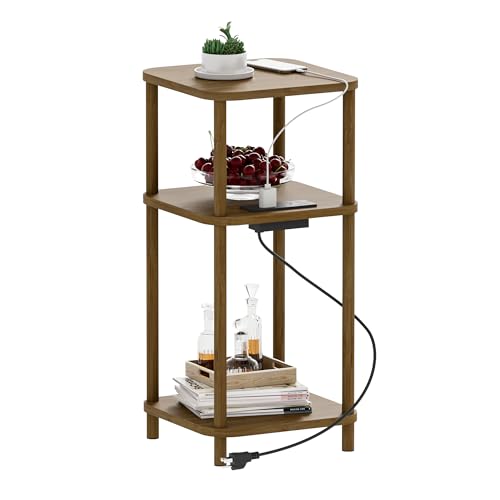 Bamboo End Table with Charging Station, Side Table for Small Space, Small Table Stand, Narrow Wooden Bedside Table Nightstand with Shelves, for Nursery, Living Room, Bedroom, Brown - color: Brown