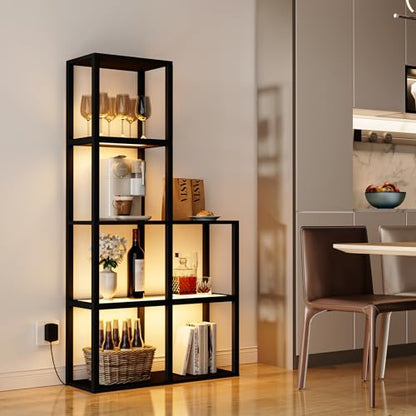 VILICK Display Shelf with LED Light Standing Floor Lamp with Glass Storage Shelves for Collectibles, 5 Tier Tall Corner Shelf Open Curio Cabinet for Living Room, Bedroom, Office, Home Decor