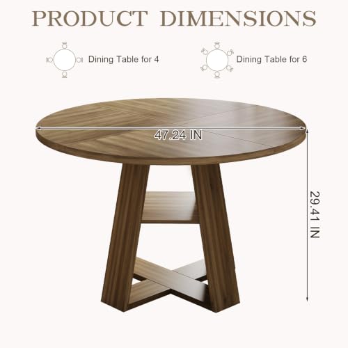 47.2" Round Dining Table for 4-6, Circle Kitchen Table with Open Storage Shelf, Farmhouse Dinner Table with Cross Pedestal Base for Dining Room, Kitchen, Living Room, Walnut - color: Walnut