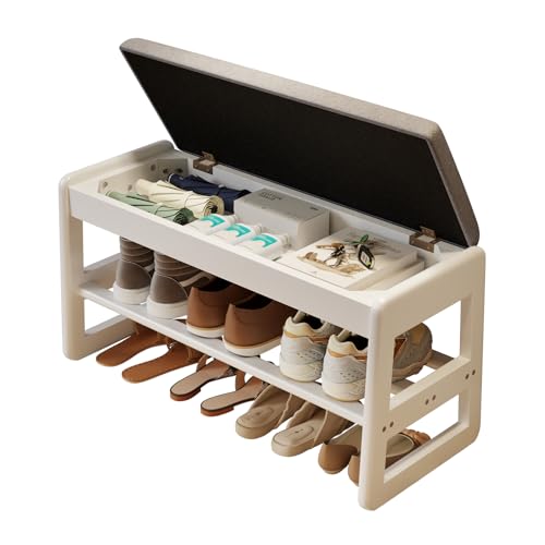 AQIMUELE Shoe Rack Bench,2 Tiers Shoe Bench with Storage with Flip-Top,Wood Shoe Rack for Entryway,Hallway（White Upholstered Seat,11.8" D x 31.5" W x 15.7" H） - color: White Upholstered Seat, size: 11.8"D x 31.5"W x 15.7"H