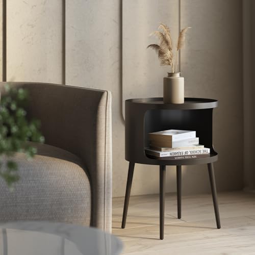 ZHBHHYZ Modern Round Side Table with Open Storage, Metal Nightstand End Table, Bedside Table for Living Room and Bedroom, Matte Black - color: Black-round