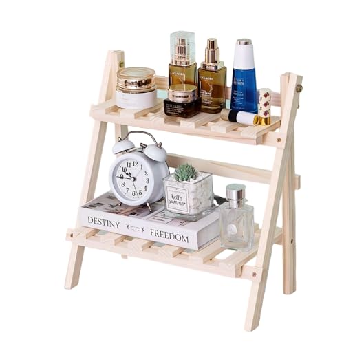 2 Tier Foldable Ladder Plant Stand Desktop Shelf Organizer Rack Wooden Display Risers For Selling L 13.3 x H 13.8 x D 7.1 in（DIY）