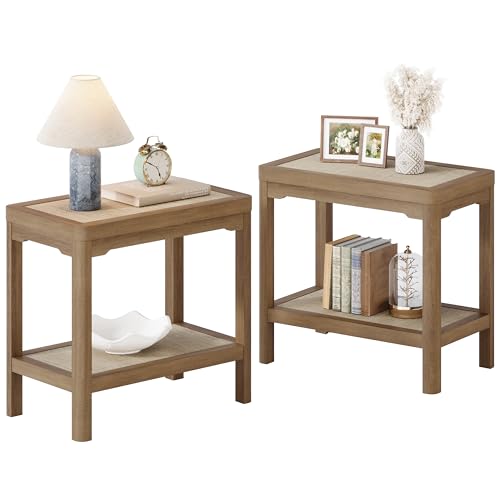 Eclatara Rattan Side Table End Table Set of 2 with Round Edge Design | 2 Tier Rattan Night Stand, Farmhouse Boho Bedside Tables with Ultra-Thick Legs for Bedroom Living Room(Caramel Oak,2 Pieces) - color: Caramel Oak, Round Edges