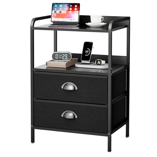 Night Stand, End Table with 2 Drawers Nightstand for Bedroom, Small Fabric Dresser Organizer, Bedisde Table Side Table with Open Storage Shelf, Black - color: Black(2drawer), size: Set of 1