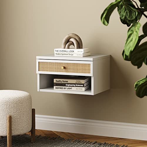 Nathan James Jackson Wall Mounted Rattan Floating Bedroom Nightstand with Storage Drawer and Modern Open Shelf Cubby, White/Rattan - color: White/Rattan, size: 1