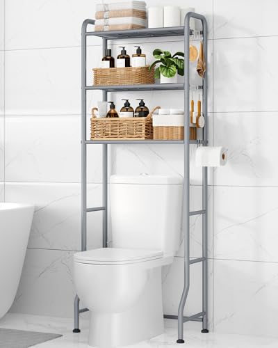 Kitsure Over Toilet Storage Rack - Metal Over Toilet Bathroom Organizer Shelf, Over the Toilet Storage Cabinet with Paper Holder and Hooks, Bathroom Cabinet for Laundry, Grey, 3 Tiers (63.2" H) - color: Grey, size: 3 Tiers (63.2"H)